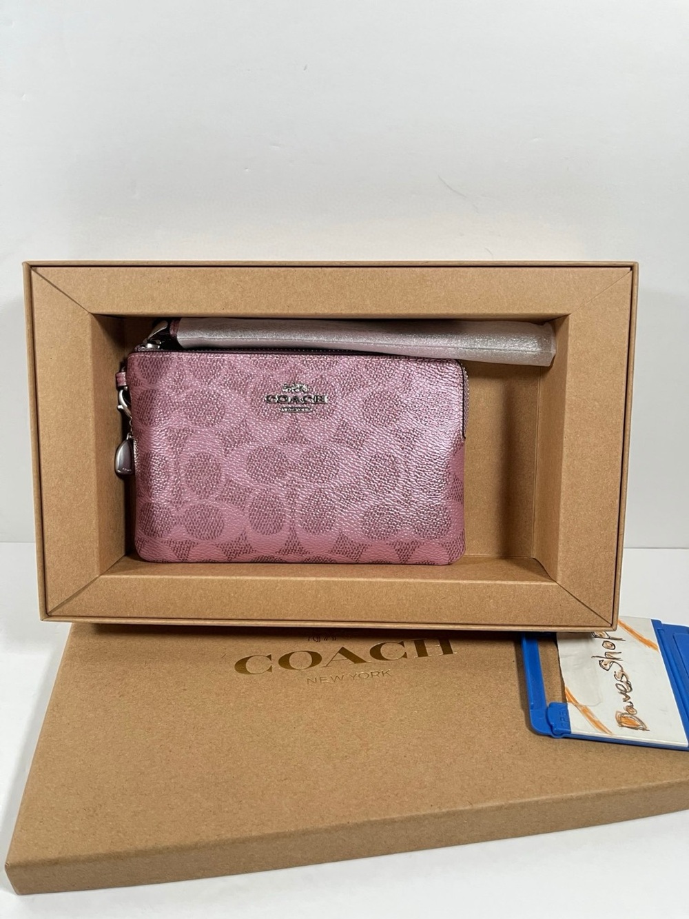 NWT Coach Boxed Corner Zip Wristlet Sig Canvas Pink Rose Silver Hrdware w Charms